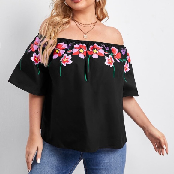 Plus Black Floral Off Shoulder Summer Blouse - Picture 5 of 5